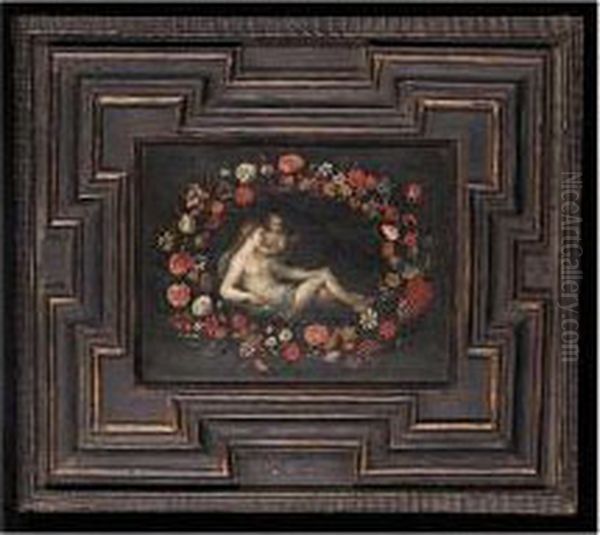 Venus And Cupid Within A Floral Garland Oil Painting by Pier Francesco Cittadini Il Milanese