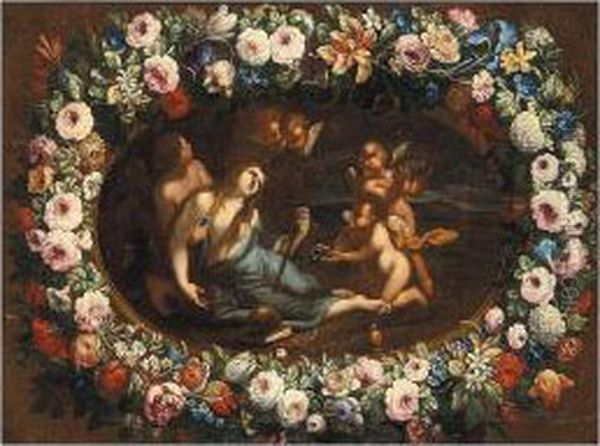 The Penitent Magdalene Presented
 With The Instruments Of The Passion By Angels, Within A Garland Of 
Flowers Oil Painting by Pier Francesco Cittadini Il Milanese