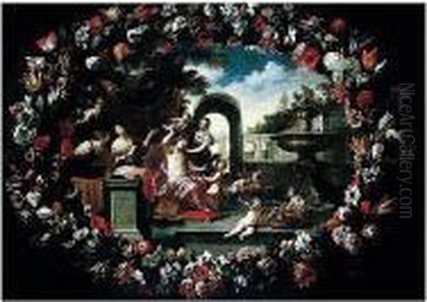 A Garland Of Flowers, Surrounding A Scene Illustrating The Toilet Of Venus Oil Painting by Pier Francesco Cittadini Il Milanese