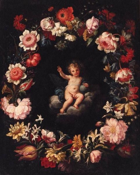 The Infant Christ In A Medallion Surrounded By A Garland Offlowers Oil Painting by Pier Francesco Cittadini Il Milanese