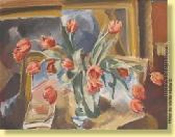 Vase Fleuri De Tulipes Roses Oil Painting by Albert Claes-Thobois