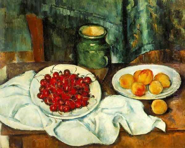 Still Life With A Plate Of Cherries Aka Cherries And Peaches Oil Painting by Paul Cezanne