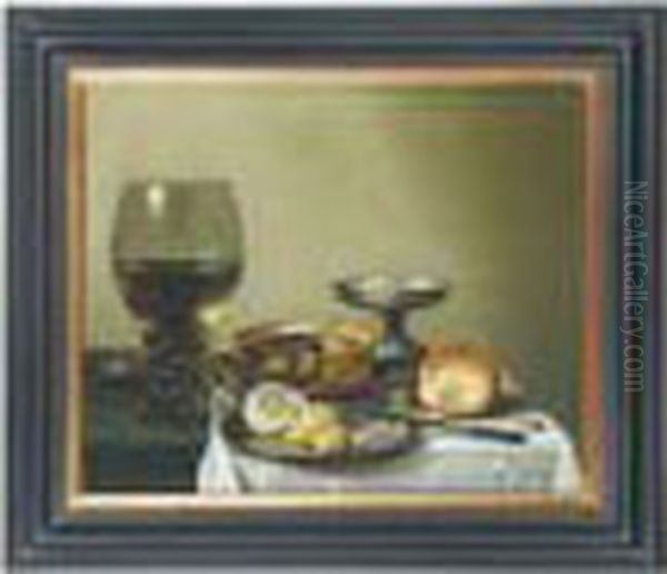 Nature Morte Au Verre De Vin, Tourte Et Citron Sur Unentablement Oil Painting by Pieter Claesz.