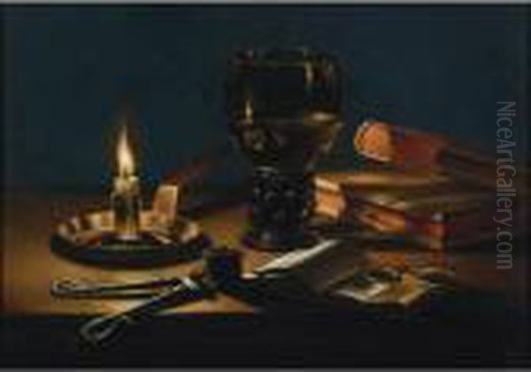 Still Life Of Books And Candle Oil Painting by Pieter Claesz.