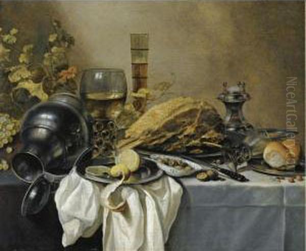 A Still Life With An Overturned 
Pewter Jug, A Roemer And A Blue Lined Beer Glass, Surrounded By Grapes 
And Leaves, A Pewter Plate With A Ham, A Salt Cellar, A Roll And A 
Sliced Lemon On Pewter Plates With Olives In A Porcelain Bowl Oil Painting by Pieter Claesz.