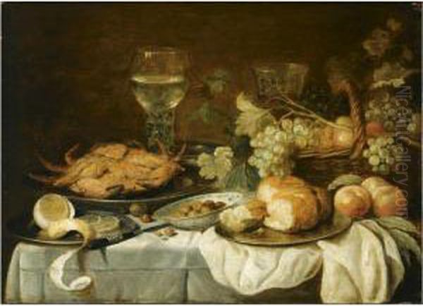 Still Life With A Roemer, A 
Crab, A Half-peeled Lemon, And A Bread Roll On Pewter Plates, A Basket 
With Fruit, And A Chinese Bowl With Olives, All Arranged On A Draped 
Table Oil Painting by Pieter Claesz.