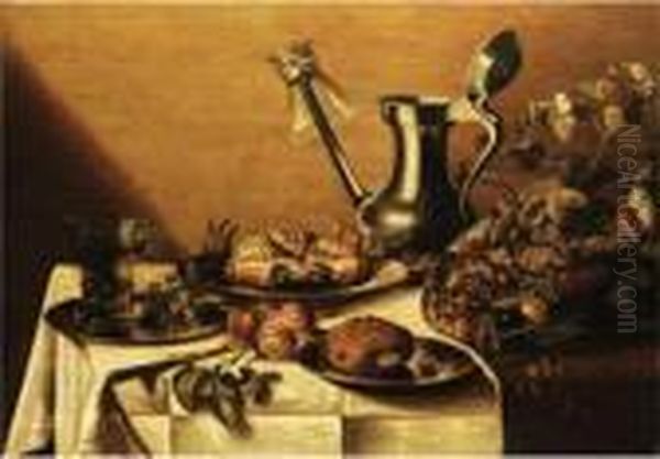 Stilleben Mit Zinnkanne, Zinntellern, Fruchten, Krebs, Brot Und Einem Romerglas Oil Painting by Pieter Claesz.