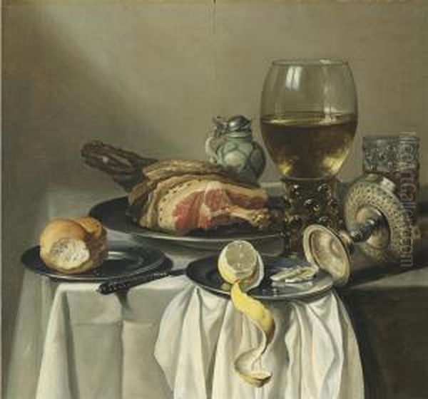 Still Life With Ham, Lemon, A Roll, A Glass Of Wine, And Others Ona Table Oil Painting by Pieter Claesz.