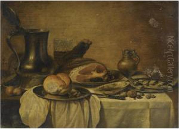 Still Life With A Pewter Jug, A 
Beaker Of Beer, A Cooked Ham, Abread Roll On A Pewter Plate, Together 
With Other Objects Allarranged On A Table Partly Draped In A White Cloth Oil Painting by Pieter Claesz.