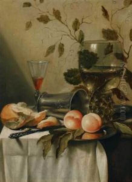 Fruhstucksstillleben Mit Glasern, Zinnbecher, Brot Und Fruchten Oil Painting by Pieter Claesz.