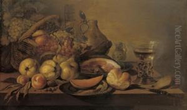 Quinces, Peaches, A Sliced Melon On A Silver Plate Oil Painting by Pieter Claesz.