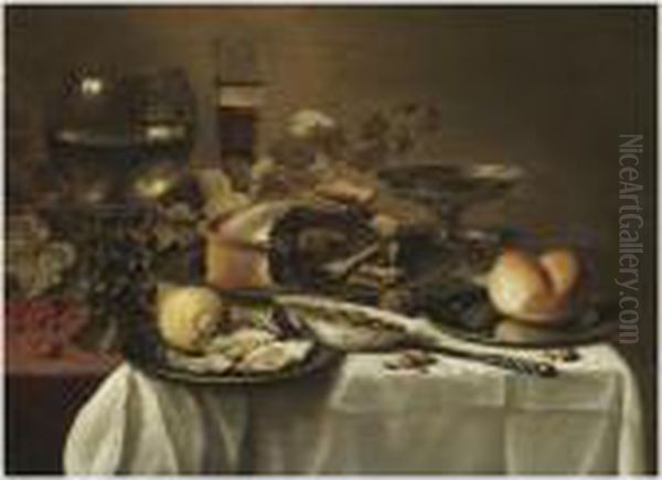 Still Life With A Large Roemer, A
 Half-filled Beer Glass, A Tazza,a Pie, A Bread Roll On A Pewter Plate, 
Along With Some Olives In Aceramic Bowl, A Lemon, Some Oysters And Other
 Objects All Arrangedon A Partly Draped Table Top Oil Painting by Pieter Claesz.