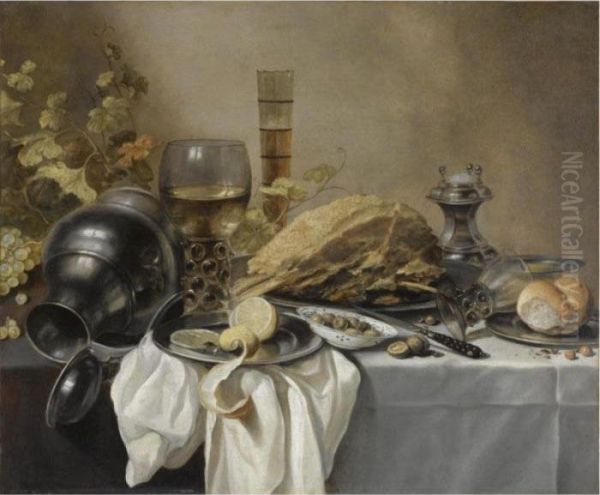 A Still Life With An Overturned 
Pewter Jug, A Roemer And A Bluelined Beer Glass, Surrounded By Grapes 
And Leaves, A Pewter Platewith A Ham, A Salt Cellar, A Roll And A Sliced
 Lemon On Pewterplates With Olives In A Porcelain Bowl Oil Painting by Pieter Claesz.