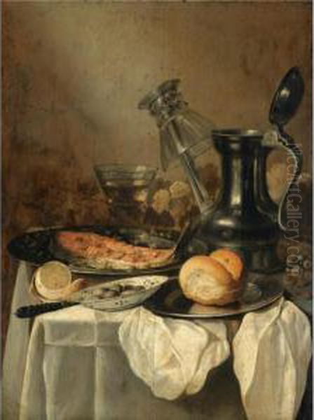 Still Life With A Pewter Flagon 
And Upturned Wineglass, A Slice Of Salmon, A Partly Peeled Lemon, Some 
Green Olives In A Blue And White Porcelain Bowl And A Bread Roll On A 
Pewter Plate, All Arranged On A Partly Draped Tabletop Oil Painting by Pieter Claesz.