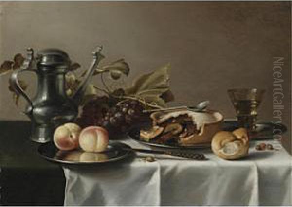 Still Life Of Grapes, A Pie, 
Peaches, A Pewter Ewer, A Roemer, Hazelnuts, A Bread Roll, A Knife And 
Other Objects, All On A Draped Table Oil Painting by Pieter Claesz.