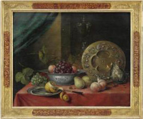 Natura Morta Con Pesche, Pere, 
Uva, Un Limone Tagliato, Una Ciotola Di Maiolica E Una Brocca Con 
Vassoio Cesellati Oil Painting by Pieter Claesz.