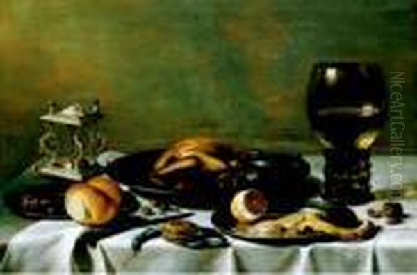 Tavola Imbandita Con Un Bicchiere Romer, Una Saliera Oil Painting by Pieter Claesz.