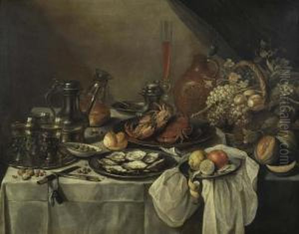 Reiche Tafel Mit Drei 
Weingefullten Berkemeyern, Zinnkanne, Austern, Seekrabben, Bartmannkrug 
Und Fruchtekorb. 1657. Oil Painting by Pieter Claesz.