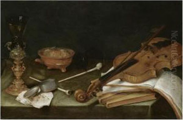 Still Life With Smoking 
Implements, A Gilt Glass Holder, A Violin And A Pile Of Books: 'the Five
 Senses' Oil Painting by Pieter Claesz.