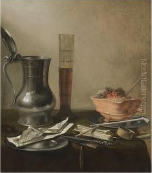 A Still Life Of A Pewter Flagon,
 A Tall Glass, A Chafing-dish And Smokers' Requisites, All On A Draped 
Table Oil Painting by Pieter Claesz.