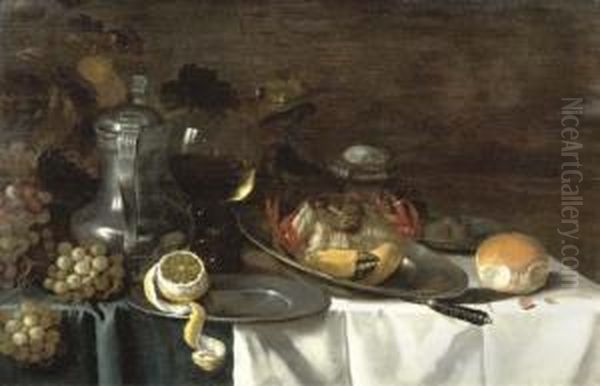 A Crab On A Pewter Plate, A Peeled Lemon On Another Pewter Plate Oil Painting by Pieter Claesz.