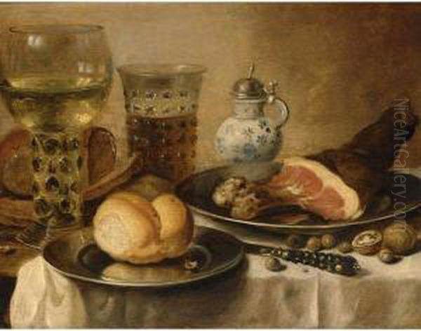 A Still Life Of A Roemer, A Beer
 Glass, A Ham And A Bread Roll On Pewter Plates, A Stoneware Jug And A 
Knife Together With Walnuts And Hazelnuts, All On A Table Draped With A 
White Cloth Oil Painting by Pieter Claesz.