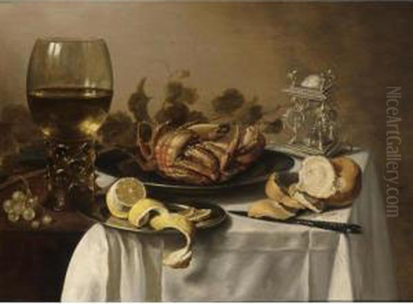 A Still Life With A Roemer, A 
Crab And A Peeled Lemon On A Pewter Plate, A Bunch Of Grapes, A Bun And 
Knife With An Elaborate Dutch Silver Salt Cellar, On A Draped Table Oil Painting by Pieter Claesz.