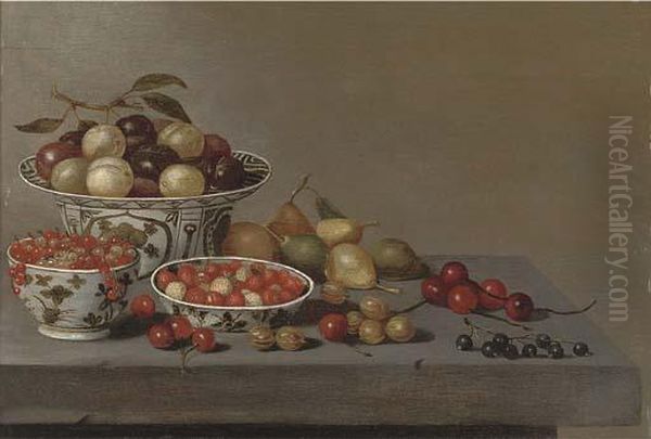 A Porcelain Bowl Of Plums Oil Painting by Pieter Claesz.