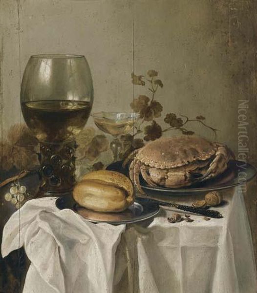 Still Life With Glass, Crab, Bread Roll, Plate And Knife On White Table Cloth. Oil Painting by Pieter Claesz.