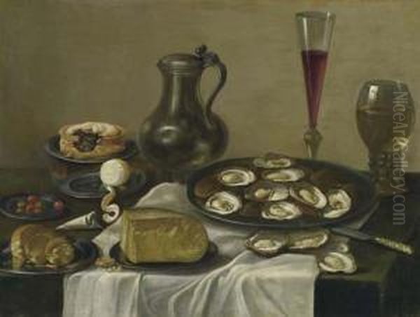 Still Life With Bread, Pie, Jar And Oysters. Oil Painting by Pieter Claesz.