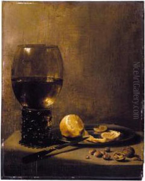 A Still Life With A Large 
Roemer, A Knife Resting On A Silver Plate Bearing A Partly-peeled Lemon,
 Walnuts And Hazelnuts, On A Marble Ledge Oil Painting by Pieter Claesz.