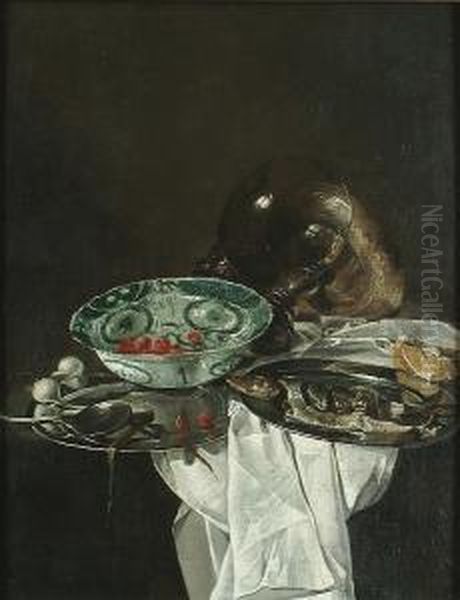 A Silver Salva With A Fish, 
Strawberries In A Wan-li Kraakware Dish, An Overturned Roemer And A 
Silver Tazza On A Draped Table Top Oil Painting by Pieter Claesz.