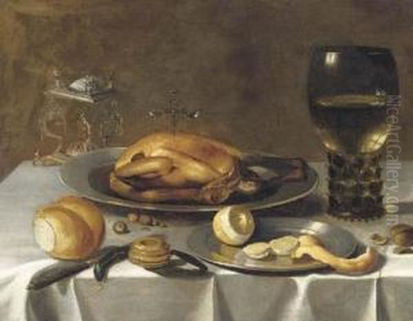 A Roemer Of Wine, A Turkey And A
 Partly-peeled Lemon On Pewterdishes, Bread And Hazelnuts On A Draped 
Table Oil Painting by Pieter Claesz.