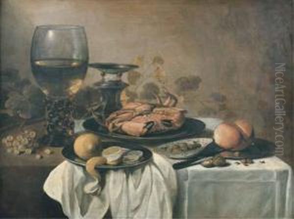 A Crab On A Pewter Plate, A 
Roemer, A Partly-peeled Lemon On Apewter Platter, A Bowl Of Olives, A 
Bread Roll And A Knife On Apewter Plate With Grapes, Walnuts And 
Hazelnuts On A Partly-drapedtable Oil Painting by Pieter Claesz.