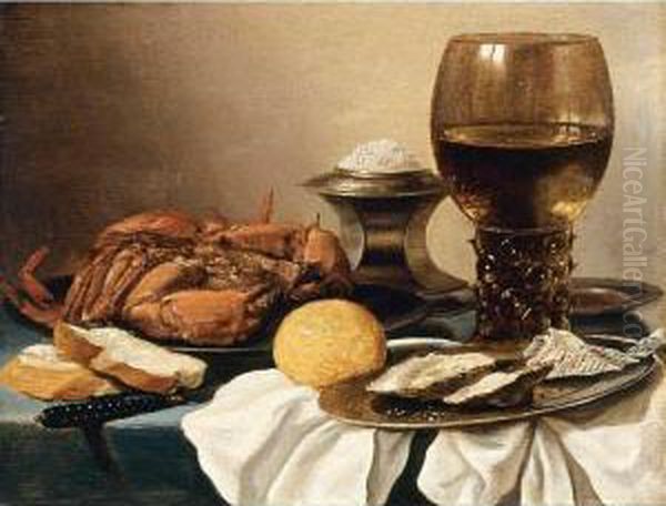 Still Life Of A Crab On A Pewter
 Plate, A Salt-cellar, A Roemer, A Knife, A Lemon And Two Oysters On A 
Pewter Plate, All Resting On A Draped Table Oil Painting by Pieter Claesz.