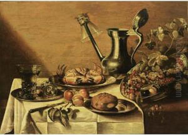 On A Pewter Plate, A Crab On A Pewter Plate, Apples, A Jan Steen Jug With A Oil Painting by Pieter Claesz.