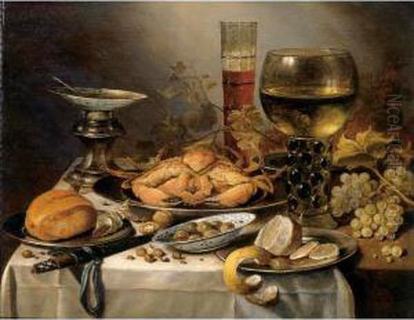 Banquet Still Life With A Crab 
On A Silver Platter, A Bunch Of Grapes, A Bowl Of Olives, And A Peeled 
Lemon All Resting On A Draped Table Oil Painting by Pieter Claesz.