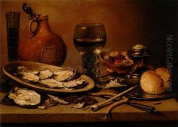 Oysters In An Earthenware Dish, A Half Filled Oil Painting by Pieter Claesz.