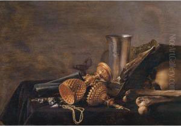 Still Life Of A Dutch Silver 
Beaker, A Roemer, Shells, An Overturned Gilt Cup With Its Cover Nearby, A
 Gilt Chain, An Open Book And A Skull All Resting On A Draped Table Oil Painting by Pieter Claesz.