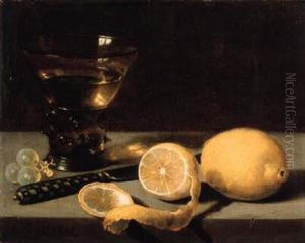 A Lemon, A Partly Peeled Lemon, Grapes, A Roemer And Knife On Astone Ledge Oil Painting by Pieter Claesz.