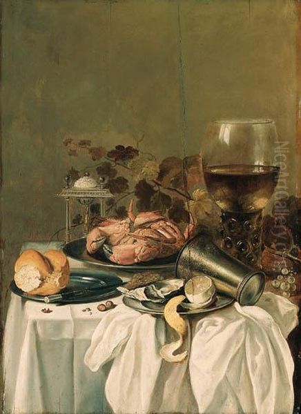 A Crab On A Pewter Dish, An 
Oyster, A Partly Peeled Lemon And Atwist Of Pepper With An Overturned 
Beaker On A Pewter Platter, Aroll And A Knife On A Pewter Plate, A 
Roemer, A Salt, Vine Leaves,grapes And Hazelnuts On A Covered Table Oil Painting by Pieter Claesz.