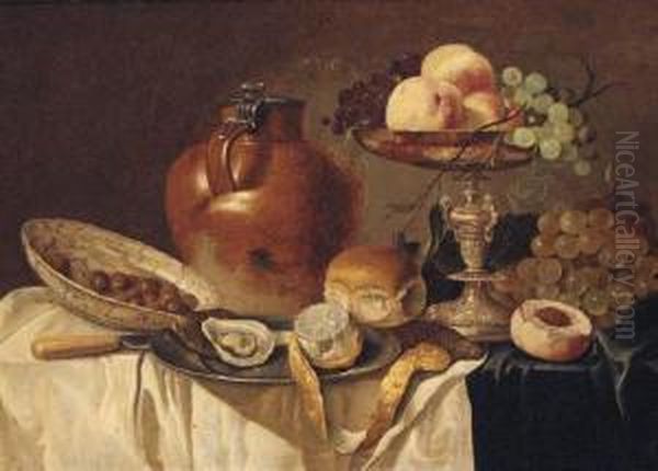 An Oyster And A Peeled Lemon On A
 Pewter Plate, A Bread Roll, Astoneware Jug, A Knife, A Bowl Of Olives, 
Peaches And Grapes On Asilver-gilt Tazza, On A Draped Table Oil Painting by Pieter Claesz.