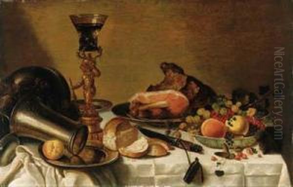 Fruit In A Wanli Kraak Porselein
 Bowl, A Ham On A Pewter Plate, Aroemer On A Silver Gilt Mount In The 
Form Of Bacchus, A Pewterbeaker On A Pewter Plate, A Bread Roll And A 
Knife On A Drapedtable Oil Painting by Pieter Claesz.