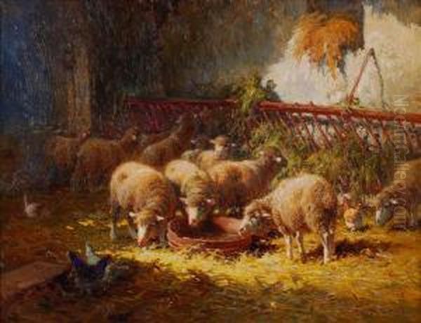 Sheep Feeding Ina Stall Oil Painting by Charles Clair