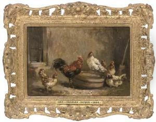 Chickens In A Barn Oil Painting by Charles Clair