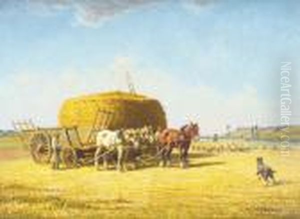 Harvest Time, Horses And Cart 
Beside A Haystack, A Shepherd And Sheep And His Dog Nearby Signed Oil Painting by Charles Clair