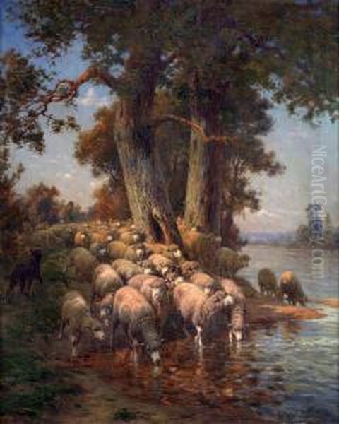 Troupeau De Moutons Sous Le Grand Chene Au Bord De La Riviere Oil Painting by Charles Clair