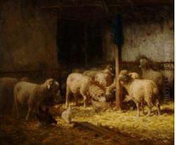 Moutons Et Poules Dans L'etable Oil Painting by Charles Clair