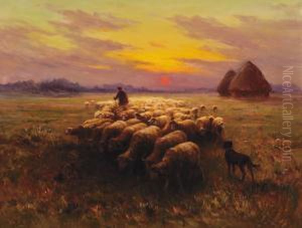 Le Retour Du Troupeau Au Soleil Couchant Oil Painting by Charles Clair