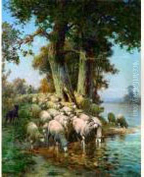 Berger Et Son Troupeau De Moutons A L'abreuvoir 1918 Oil Painting by Charles Clair